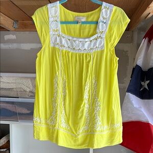Anthropologie Yellow Embroidered Cap Sleeve Top